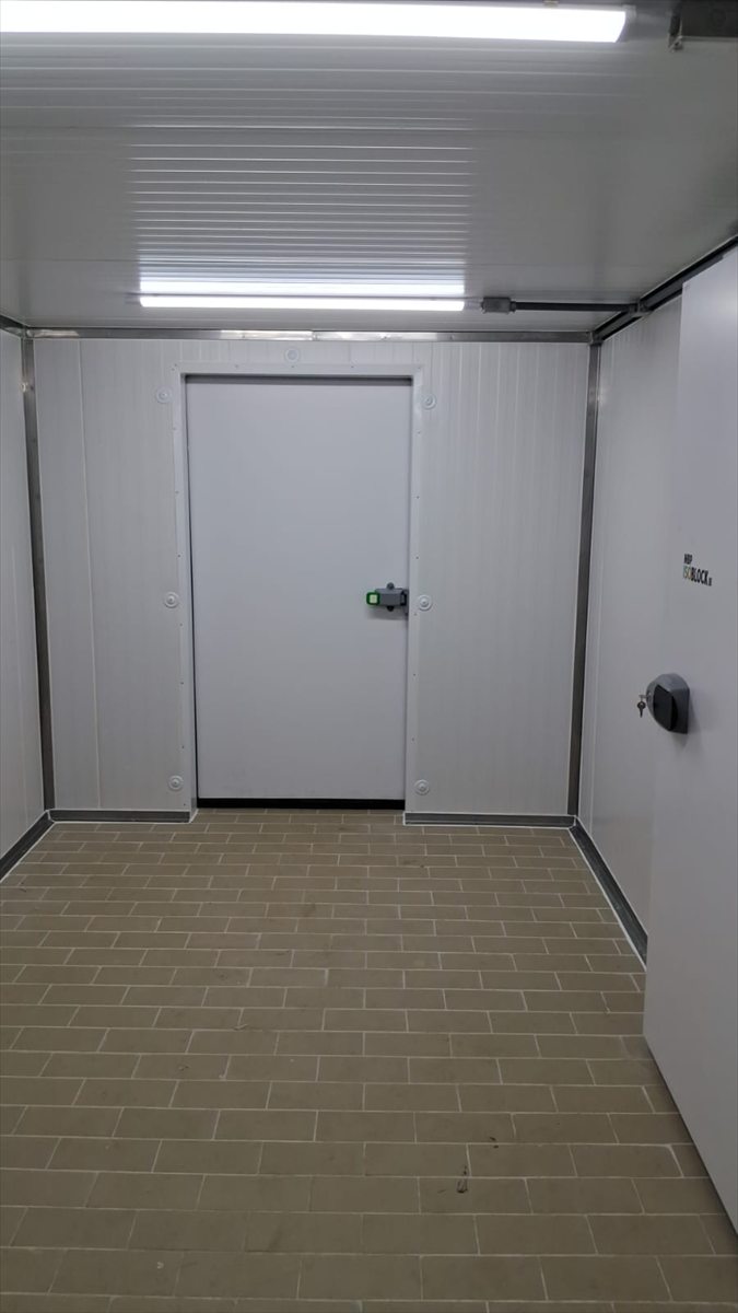 Interior de câmara fria pronta, com piso cerâmico e iluminação, vista em direção à porta